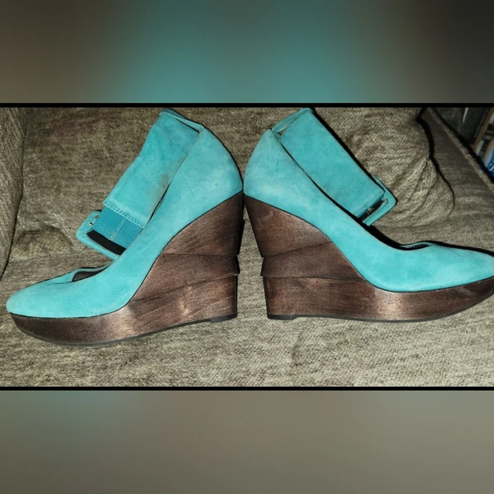 Diane Von Furstenberg Teal Suede Wedge Heels Sz 7 - Picture 3 of 9
